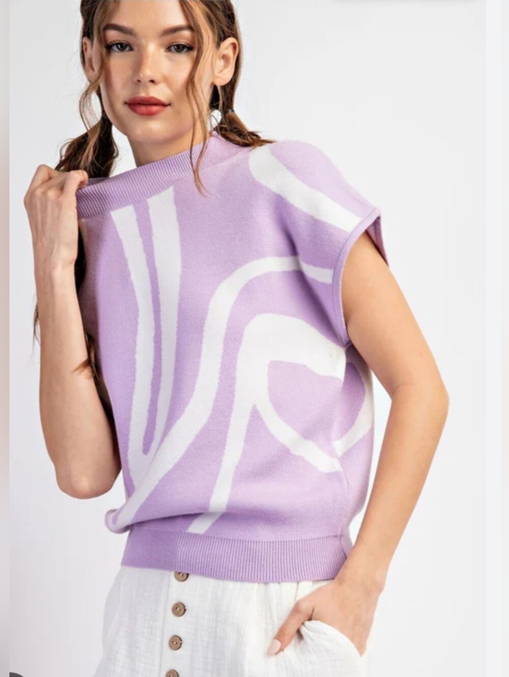 Mod On Trend Groovy Lavender & White Abstract Knit Top Women's Size Small